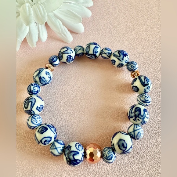 New Blue & White Ceramic Beaded Bracelet w/ Faceted Copper Accents - 8” - Picture 1 of 5